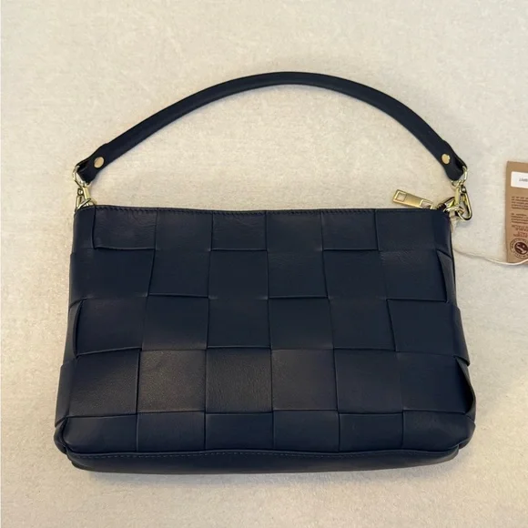 Anna Paola Leather Basketweave Zip Top Brit Shoulder Bag Made in Italy Navy Blue - Picture 2 of 10